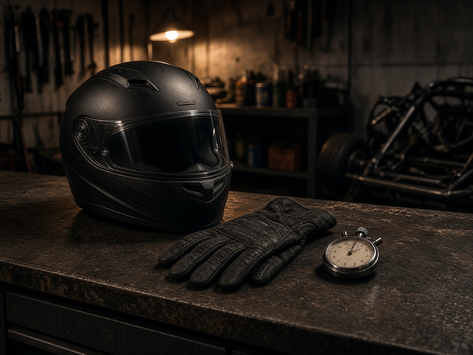 Helm, Handschuhe und Stoppuhr in der Clubgarage